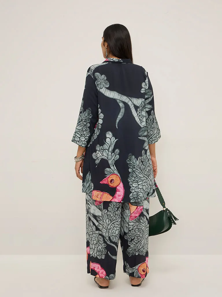 Diza Black Gond Printed High-Low Ethnic Tunic