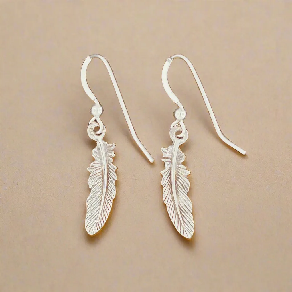 Feather Charm Earrings in Sterling Silver or Antique Bronze