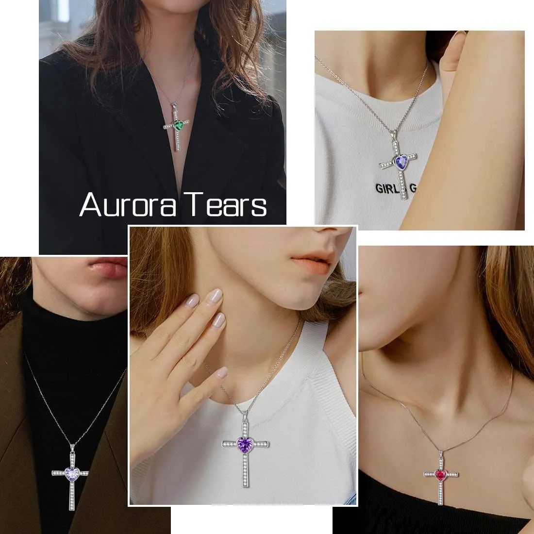 Heart Birthstone June Alexandrite Cross Necklace Pendant Women Girls Jewelry Birthday Gift