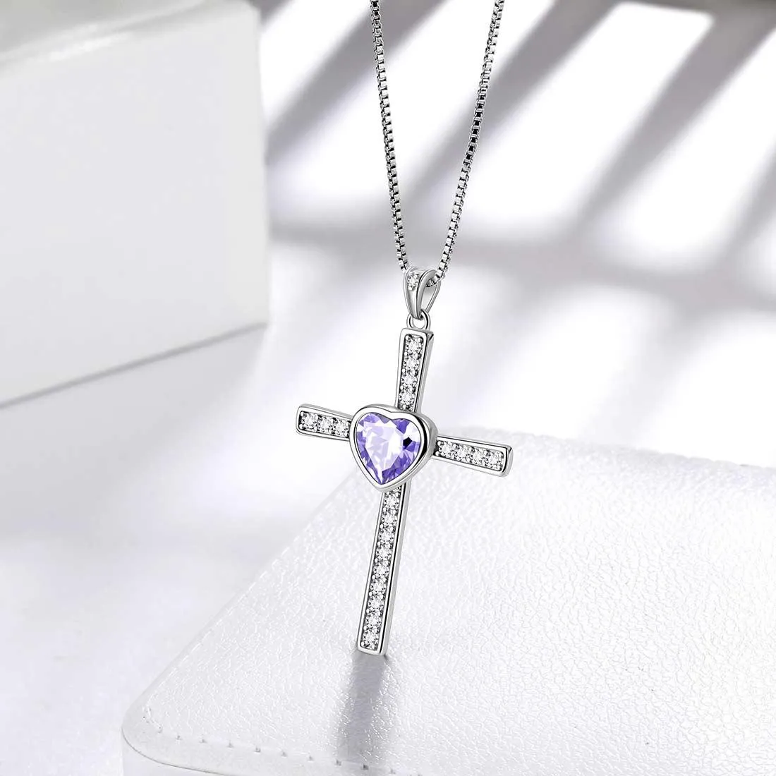 Heart Birthstone June Alexandrite Cross Necklace Pendant Women Girls Jewelry Birthday Gift